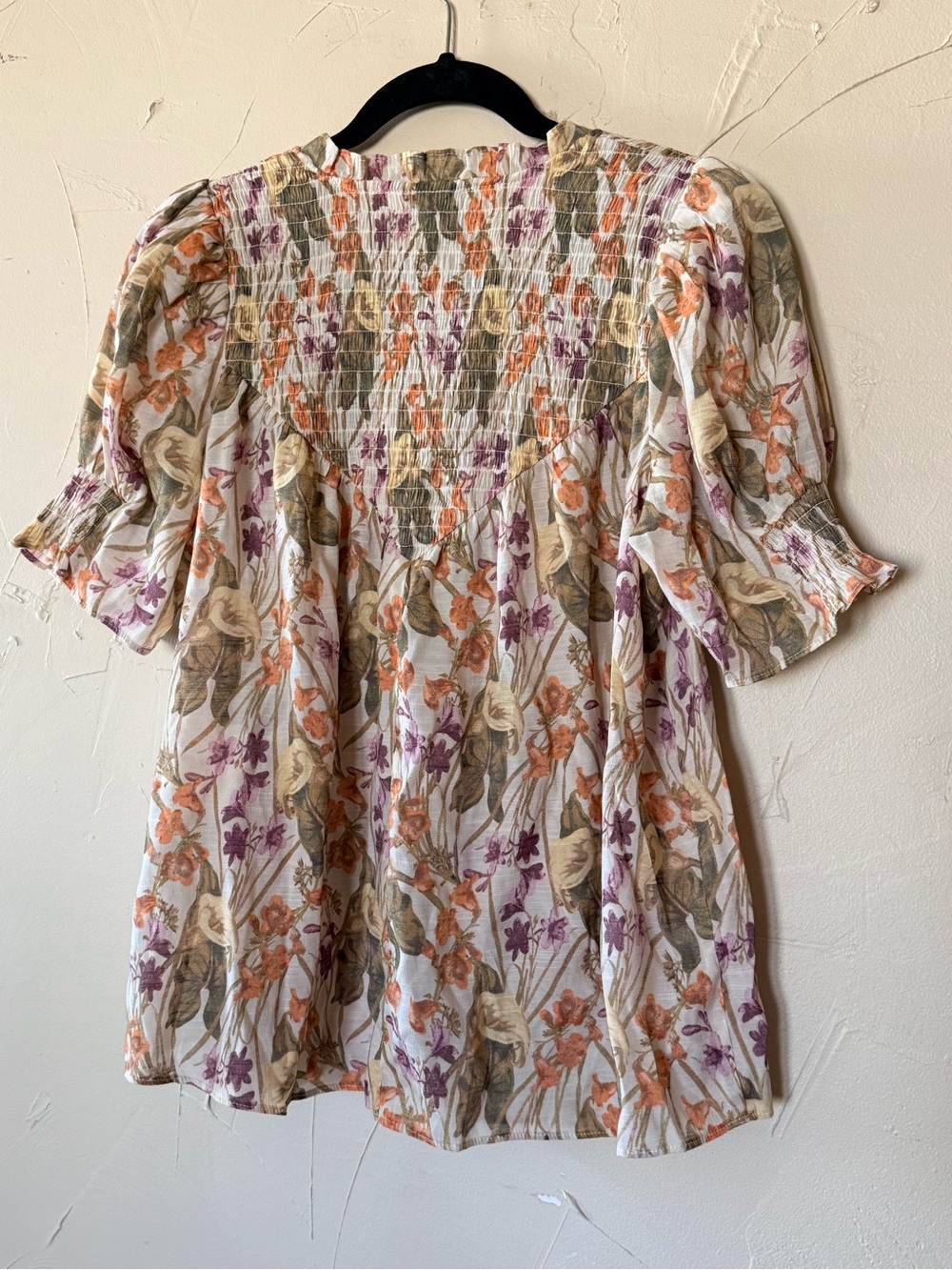 Rose & Olive Floral Smocked V-Neck Top Orange Purple green cottagecore boho - Picture 5 of 9